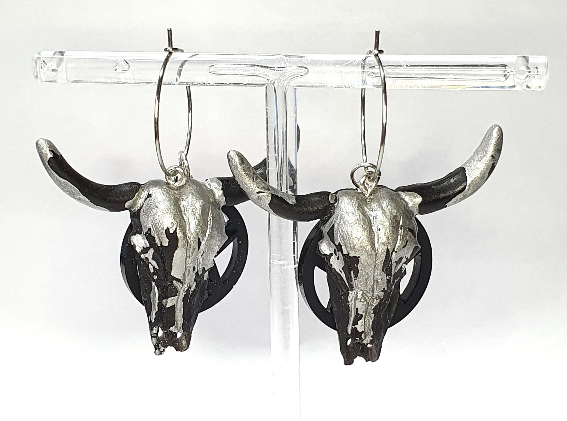 Black and Silver Skull Earrings With Black Pentagrams - The Cerulean Wolf