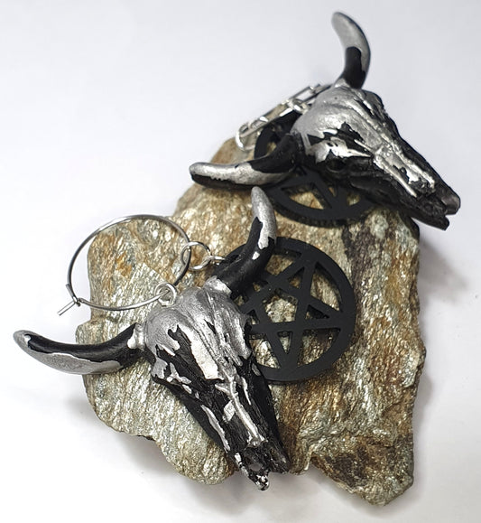 Black and Silver Skull Earrings With Black Pentagrams - The Cerulean Wolf